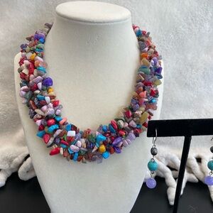 17” multi stone necklace with free earrings. 1” wide. New